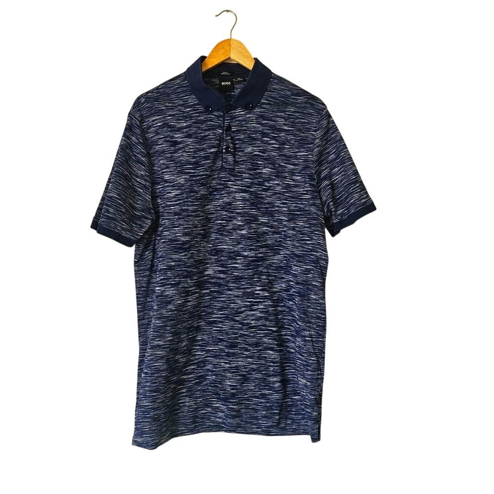 BOSS Hugo Boss XL Men Blue Space-Dyed Polo Shirt Mercerized Cotton Short Sleeve